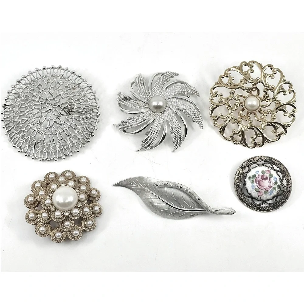 Vintage Brooch Lot 6pc Silver Gold Tone‎ Faux Pearl Filigree Floral Leaf Enamel